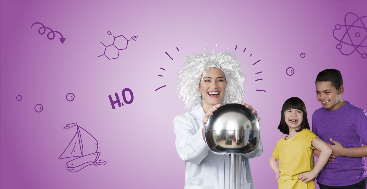 4 kids around a mad scientist.  she is holding an electro ball and her hair is standing in the air.