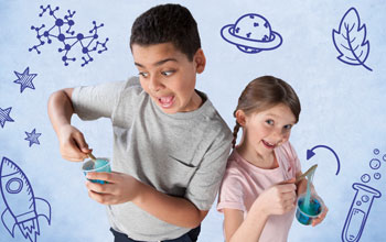 a boy and a girl playing with blue slime in a cup
